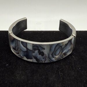 Silver Tone Cuff Bracelet Blue Abalone Inlay Wide Open Cuff